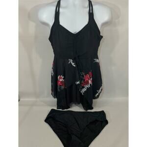 Century Star Womens Tankini L Black Red Floral Roses